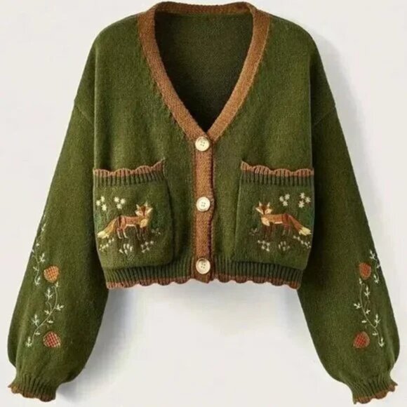 Button Up Fox Nature Army Green Cardigan With Pockets - Picture 3 of 7